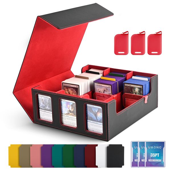 UAONO Trading Card Storage Box for Commander Display, 1800+ MTG Deck Box with 3 Toploader, TCG Card Case fits Magic PTCG Sports Cards (Black&Red)