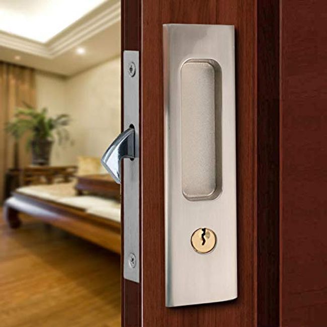CCJH Privacy Pocket Door Lock Hardware with Key, Pocket Door Lock Handle  Invisible Wooden Barn Door Latch, Interior Privacy Furniture Hardware  Brushed Nickel Silver 1 Pack 