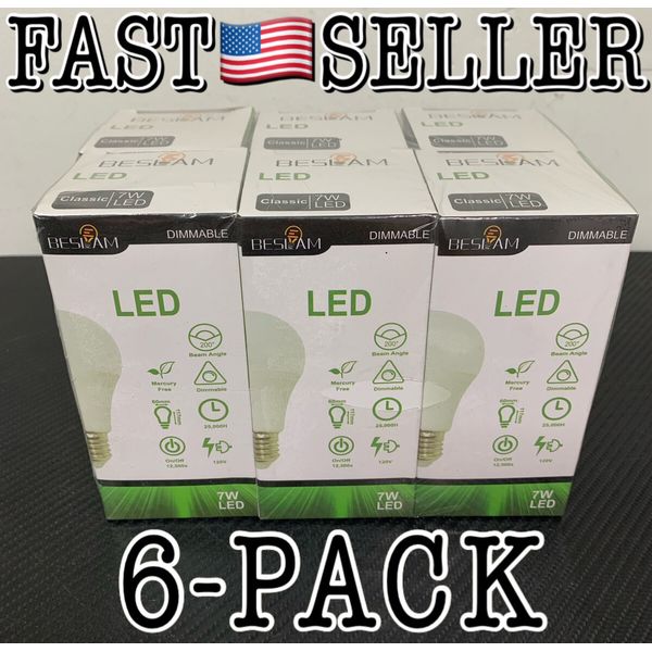 7W Dimmable LED Light Bulbs 40W Equivalent E26 A19 520LM Daylight (6-PACK)