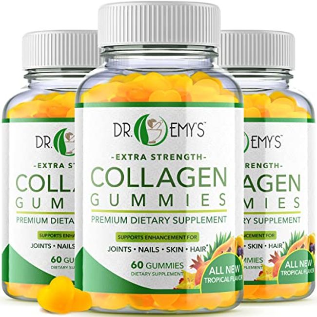 Dr. Emy's Collagen Gummies Gummy Vitamin for Women & Men, Hair, Skin, Nails, Joint Supplement. Anti-Aging Collagen Gummy Supplements. Strengthen Hair, Skin and Nails. Gelatin-Free. 60 ct Each. (3)