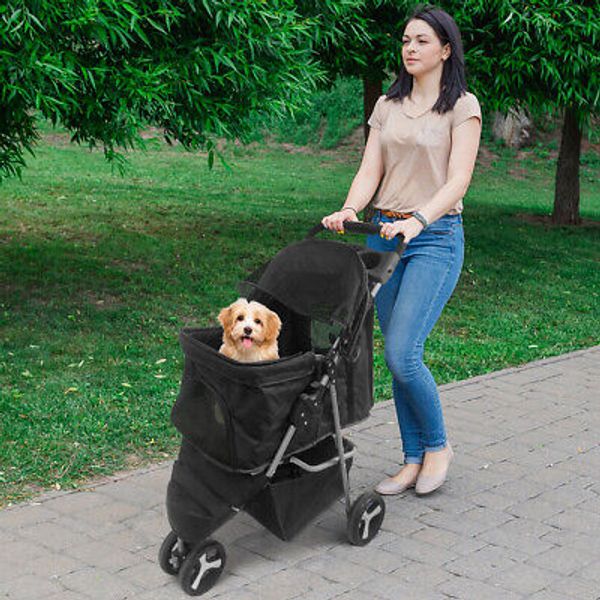 Durable Pet Stroller Dogs Cats Carrier Cart 3-Wheel Flodable Travel W/Cup Holder