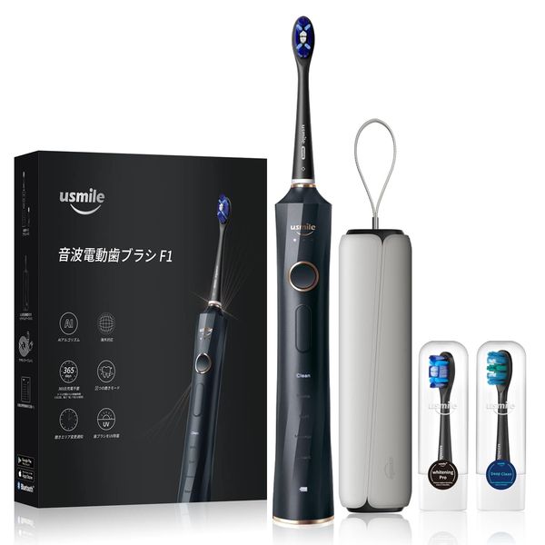 usmile EF1ABLKJP Sonic Electric Toothbrush, F1, Black, 365 Day Charging, Smartphone App Compatible, Dupont Diamond-Cut Brush, 38,000 Times Per Minute, Whitening Effect, Travel Case Included