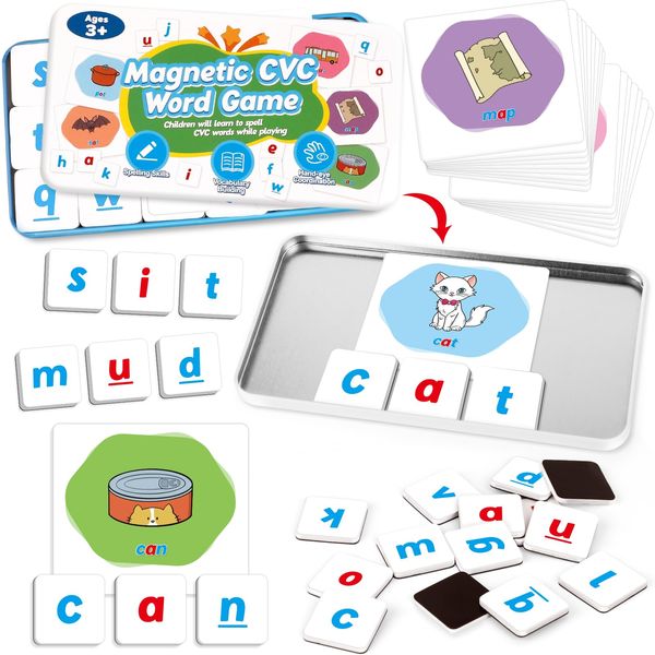 Kasfalci CVC Word Games,Magnetic Letters & Flash Cards,Phonics Games,Alphabet Learning Toys, Refrigerator Fridge ABC Magnets for Kids,Speech Therapy Toys for Toddler,Spelling for Preschool Classroom