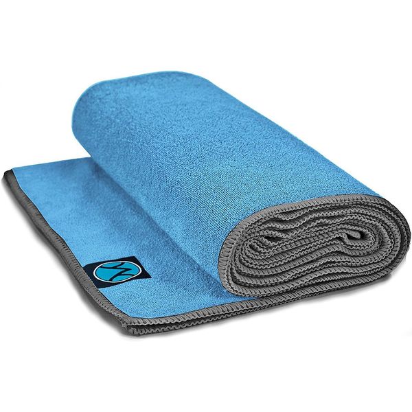 Youphoria Yoga Microfiber Towel Non-Slip Yoga Mat Towel - Hot Yoga Towel for Sweat & Grip... (Blue Towel/Gray Stitching)