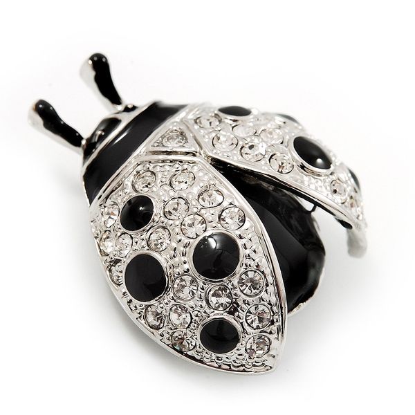Black Enamel Ladybug Brooch (Silver Tone)