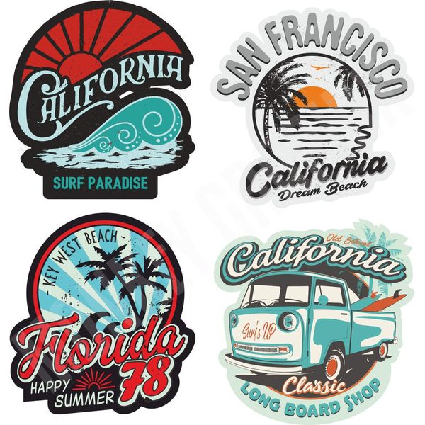 24/7stickers MG401 4X Aufkleber Surfer Surf Bus USA Beach Surfing Boaord Hawaii Oldtimer Old School Retro Vintage Californien USA