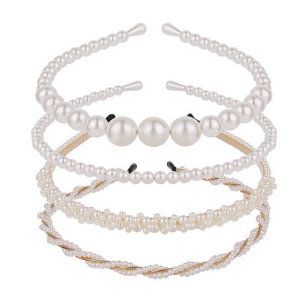 Yolev 4 Stück Perlen Haarreif Stirnband Haarreifen Damen Mädchen Faux Pearl Stirnband Weiß Strass Braut Stirnband Hochzeit Haarschmuck Damen Mädchen Headband Geburtstag Party Valentinstag Geschenke