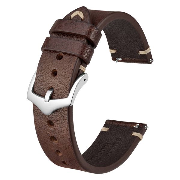 BISONSTRAP Men's Watch Straps, Hand-Stitched Leather Watch Replacement Bands, Quick Release, 22mm, Coffee Brown with Silver Buckle