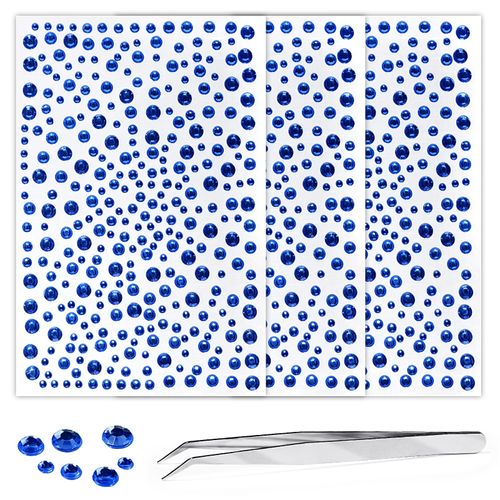 3 Sheets Dark Blue Rhinestone Stickers Self Adhesive Gems 3-6mm Diameter Diamante Crystal Decals Festival Face Jewels Bling Pearls for Face Eye Makeup Nail Body Crafts includes Tweezers (Dark Blue)