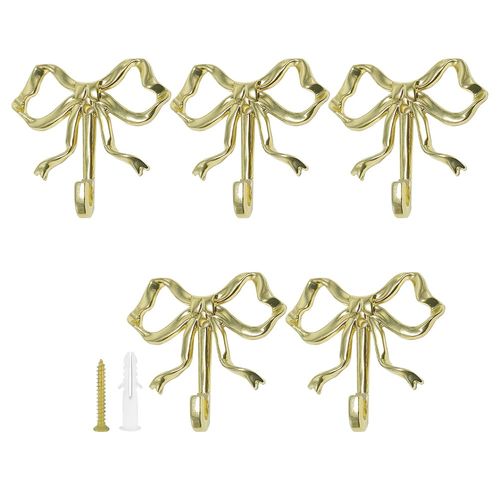 5Pcs Bow Wall Hooks - MfhdgXAvs Gold Decorative Coat/Towel Hooks for Bathroom, Bowknot Hangers with Screws, Alloy Cute Shower Curtain & Robe Hook, Heavy Duty Home Decor (Gold)