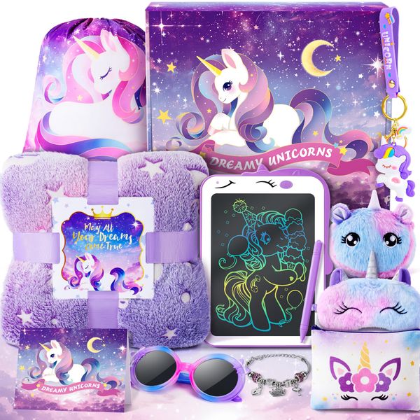 Unicorns Gifts for Girls Kids Toys 3 4 5 6 7 8 9 10 Years Old with LCD Writing Tablet/Glowing Blanket/Unicorn Bracelet/Eye Mask/Crossbody Bag/ 12PCS Purple Teen Girl Birthday Christmas Unicorn Toy