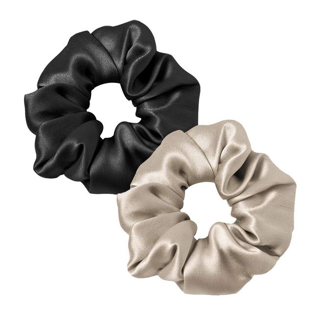 LILYSILK Silk Hair Scrunchies for Frizz Prevention, 100% Mulberry Silk Hair Ties for Breakage Prevention, Elastic ponytail Holders(1 Black+1 Coffee)