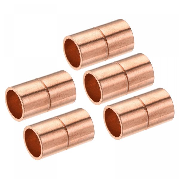 uxcell Copper Pipe Coupling, 0.3 inch (8 mm), Straight Connection Adapter Joint Connector with Rolled Tube Stop, C x C Solder Connection, For Plumbing, Pack of 5