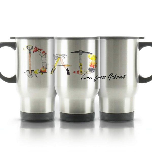 Hairyworm Personalised Travel Mug, 400ml Silver Stainless Steel Travel Mug with Handle, Customised with Initial/Name, Dad Tools Design Print