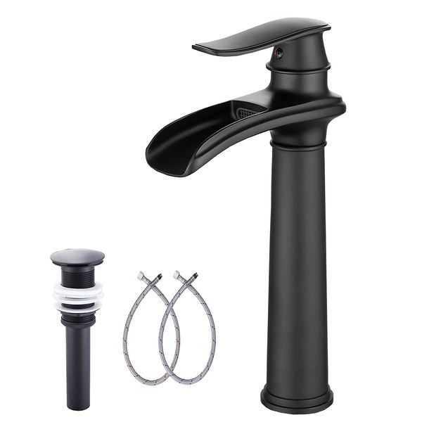 Black Bathroom Faucet GGStudy Single Handle 1 Hole Farmhouse Waterfall Bathroom Vessel Sink Faucet Matte Black Matching with Pop Up Drain