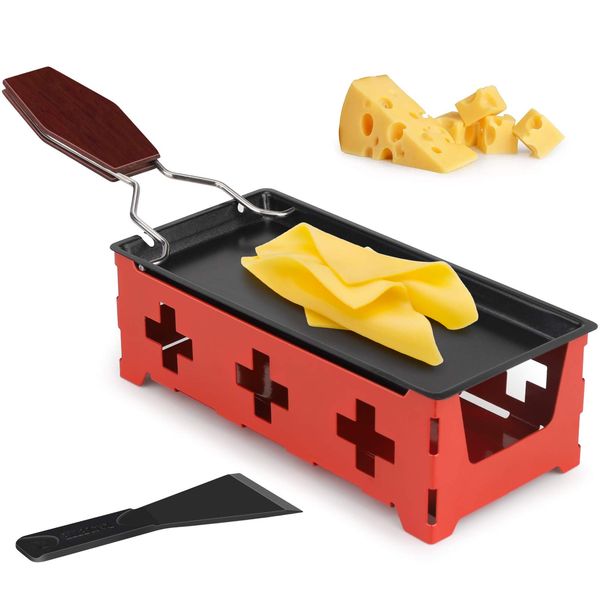 hicoosee Cheese Melter Raclette Grill, Cheese Melting Pan with Silicone Spatula Non-Stick Mini Rotaster Baking Tray Stove Set Black