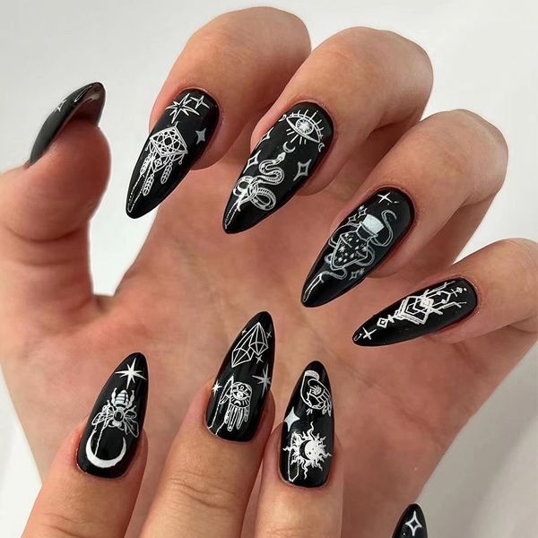 IMSOHOT Almond Press on Nails Medium Stiletto Black Fake Nails with Nail Glue Moon Star False Nails 24Pcs Full Cover Acrylic Nails