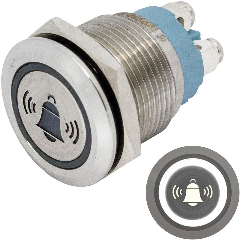 SeKi Edelstahl Drucktaster 19 Mm – Flach, Tastend, Mit Weißem LED-Ring, Schraubanschluss, IP65, Vandalismussicher