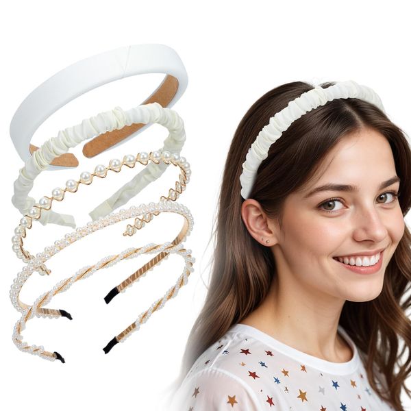 5Styles Pearl Headbands for Women, White Faux Pearl Beaded Headband Non Slip, Fashion Padded Hairband Rhinestone Thin Headband Kit, Elegant Bridal Hair Accessories for Wedding Party Hair Hoop