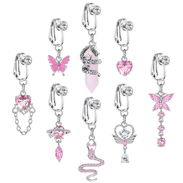 ORAZIO 8 PCS Fake Belly Ring For Women Fake Belly Piercing Dangle Clip On Belly Button Rings CZ Snake Butterfly Faux Belly Button Piercing Stainless Steel Fake Navel Rings Non Pierced-PINK