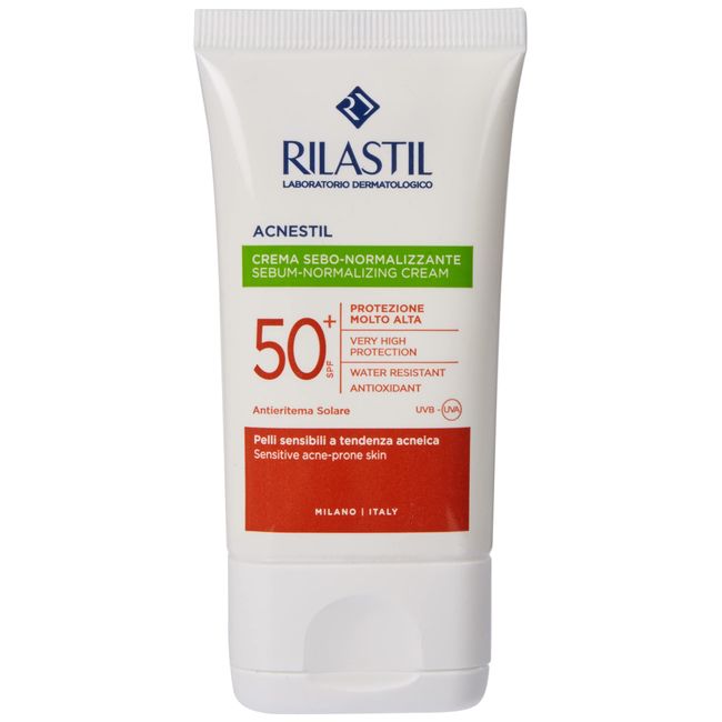 Rilastil Acnestil Talgnormalisierungscreme, beruhigende und mattierende Wirkung, Anti-Sonnenrötung, für empfindliche, zu Akne neigende Haut LSF 50+, Packung mit 40 ml