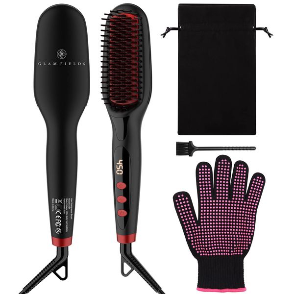 Ionic Hair Straightener Brush Upgrade 2.0,GLAMFIELDS Electrical Heated Hair Straightening with Faster Heating, MCH Ceramic Technology, Auto Temperature Lock, Anti Scald, Heat Resistant Glove(Black-01)