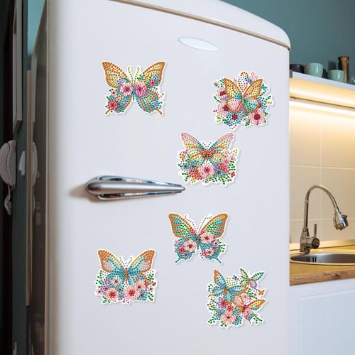 POETRYDRAW 6 Pcs Diamond Painting Magnets Special Shape Flower Butterfly Diamond Art Stickers Refrigerator for Fridge Stickers DIY Home Decors Crafts Gifts
