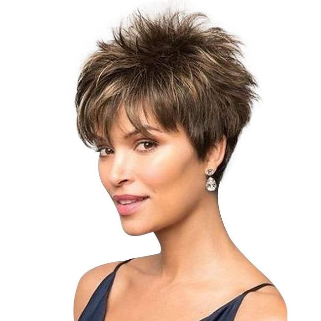 Brown Blonde Pixie Cut Wigs for Women, Fluffy Unbreakable Blonde Wigs with Bangs Natural Look Blonde Short Wigs for Everyday Party Wear Wigs Costumes Cosplay Wigs