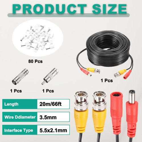 MECCANIXITY BNC Video Power Cable,20m/66ft All-in-One Security Camera Wire Cord DC Extension Wire for CCTV Security DVR Camera System Installation Plug & Play Cord,1 Set Black