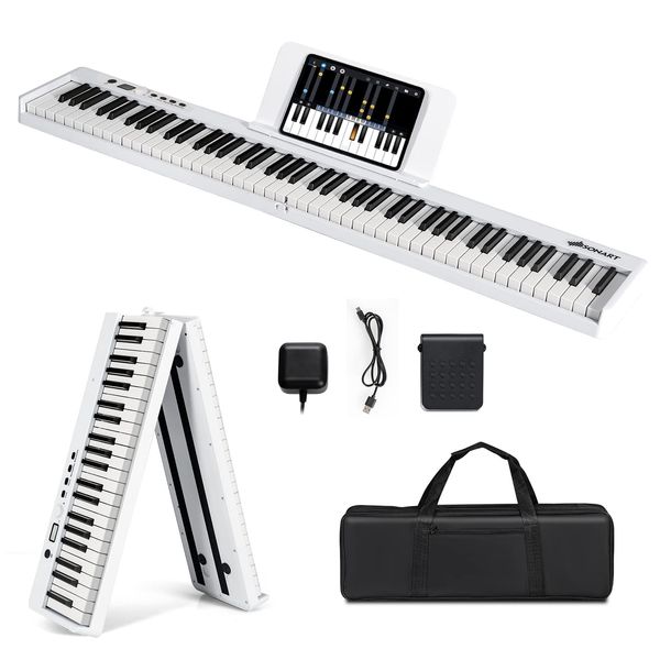 DREAMADE 88 Tastatur Keyboard mit Notenständer, Pedal, LCD-Display & LED-Licht Lehrfunktion, Klappbar & Tragbar E-Piano für Kinder und Anfänger (Weiß)