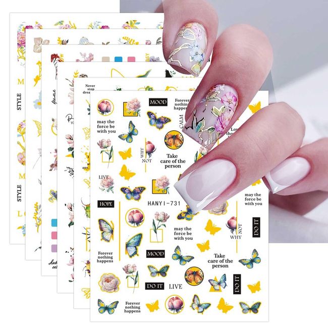 JMEOWIO 9 Sheets Flower Butterfly Nail Art Stickers Decals Self-Adhesive Spring Floral Nail Supplies Nail Art Design Decoration Accessories