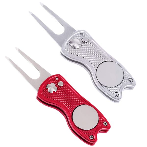 Mile High Life 2 Pieces Golf Divot Repair Tool w Magnetic Golf Ball Marker | All Metal Foldable Divot Tool w Pop-up Button | Golf Club Holder | Golf Accessories for Men (Red,Sliver)