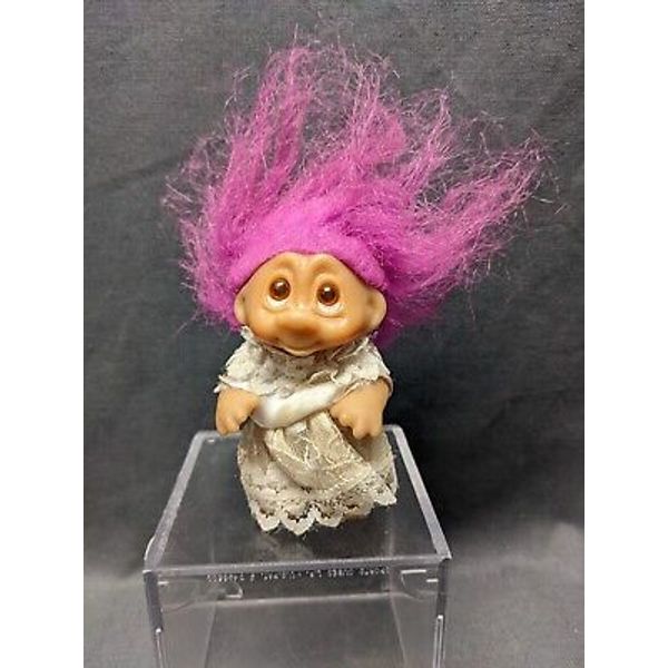 Russ Troll Doll~3"~Vintage~1985~Pink Cheeks~Wedding Dress~Purple Hair~Brown Eyes