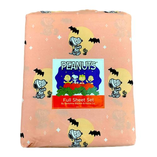 Berkshire Blanket & Home Co. Peanuts Halloween Fall Themed Sheet Sets (Peach - Mummies in Front of Full Moon, Queen)