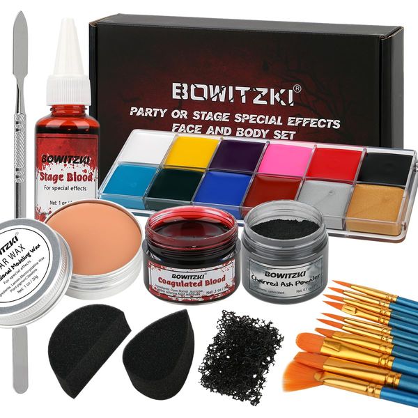 Bowitzki Halloween Makeup Special Effects Oil Face Body Paint Fake Blood Scar Wax with Sponges Brush Halloween Party