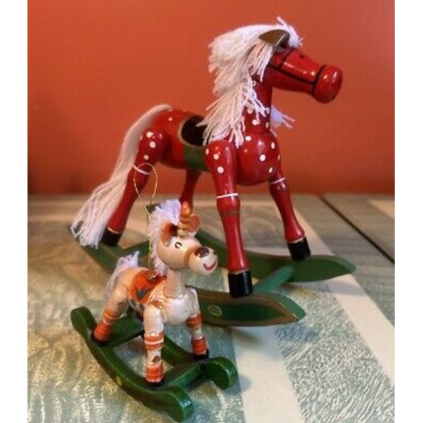 Toy Rocking Horse & Rocking Unicorn Ornament WITH YARN TAIL & MANE Wood/painted