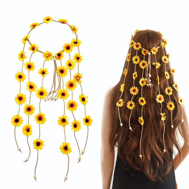 Sonnenblumen Haarschmuck,Kopfschmuck Haarband Sonnenblumen-Kopfbedeckung mit Perlen verstellbare Schlaufe für Mädchen Damen Frauen Kinder Hochzeit Reisen Party TYH-1PCS