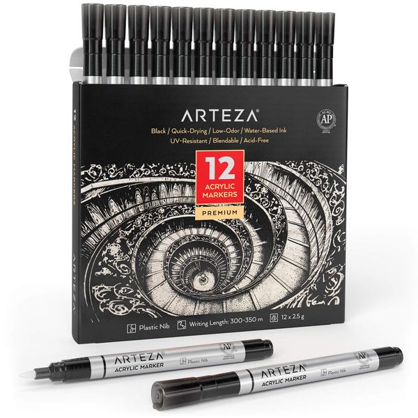 ARTEZA Acrylic Paint Pens, Pack of 12, Black, Long-Lasting Acrylic Paint Markers, Plastic Nib, Art Supplies for Painting on Metal, Canvas, Rock, Ceramic Surfaces, Glass, Wood, and Fabric