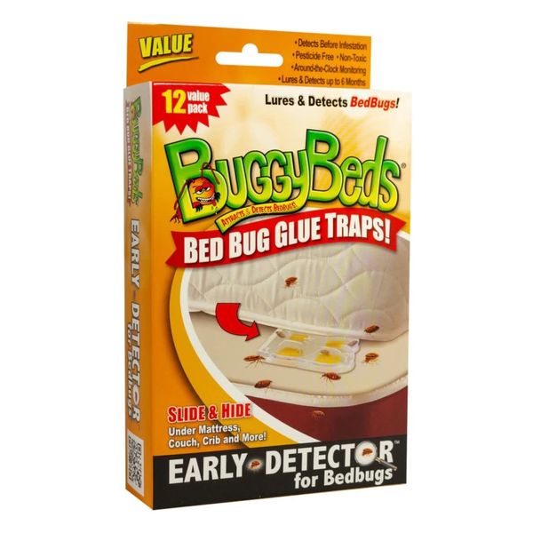 BuggyBeds Bed Bug Glue Traps, Around-The-Clock Monitoring, Lures & Detects Bed Bugs, Ants & Other Bugs Upto 6 Months, Non-Toxic (Value 12 Pack)