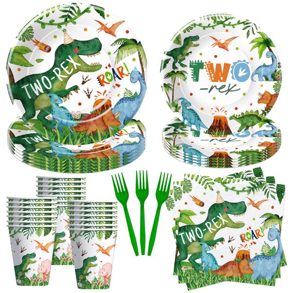 Suhelkit Dinosaur Two Rex Birthday Decorations Boy - Dinosaur Birthday Party Supplies, Paper Plate, Cup, Napkin, Fork, Dino Theme Dinosaur 2-Year-Old Birthday Party Decorations Tableware | 24 Guests