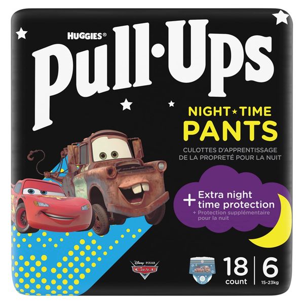 Huggies Pull-Ups, Trainers Night Nappy Pants for Boys, 2-4 Years - Size 5-6+ Pull Up Nappies (18 Training Pants) - Extra Night Time Protection - Support for Consistent Potty Training Routines