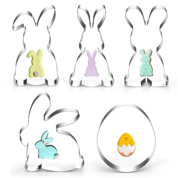 Ausstechform Ostern, 5 Stück Hase Ei Ausstecher, Osterhasen Ausstechförmchen, Groß Osterei Osterplätzchen Keksausstecher, Edelstahl Osterkekse Ausstecher Set, Ostergeschenk für Backen Kinder
