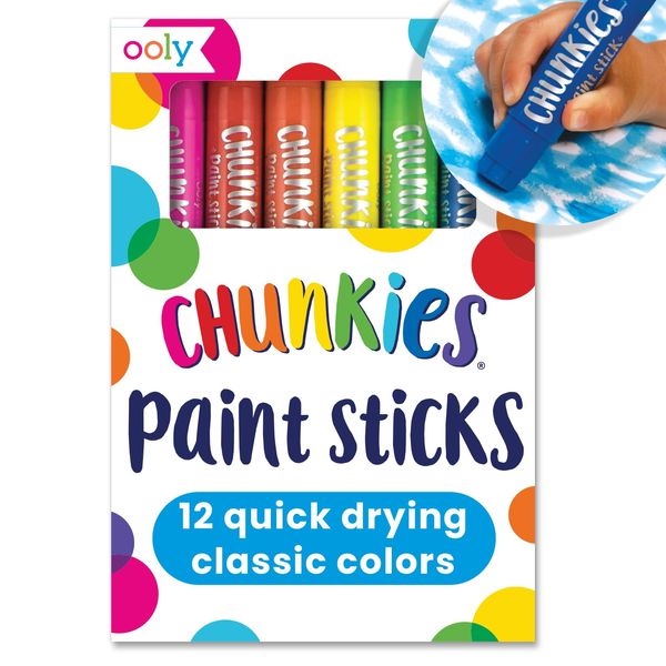 Ooly Chunkies Quick Drying Tempera Paint Sticks for Kids, Classic Colors, Set of 12 Twistable Kids Paint Sticks for Toddlers 2-4 Years, Mess Free Chubby Toddler Paint Sticks [12 Classic Colors]