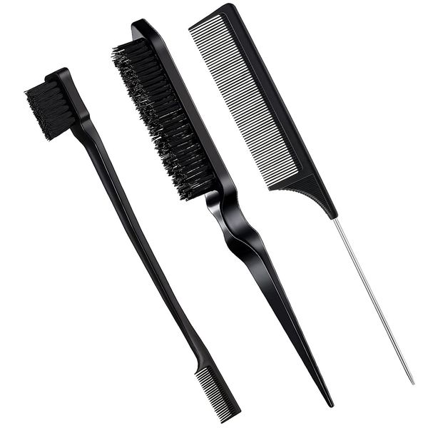 3 Pcs Slick Back Hair Brush Set – Bristle Brush, Edge Control & Teasing Comb