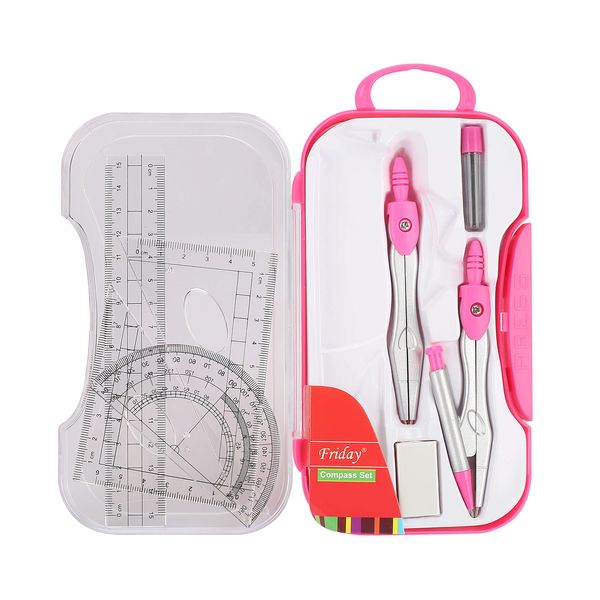 Lifreer Compass Geometry Sets, 10 Pcs Maths Sets For Secondary School, Protractor And Compass Set For Drafting And Drawing (Blue) (Red)