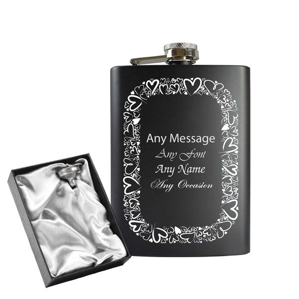 Engraved 8oz Black Hip Flask with Heart Border