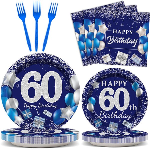 96 Pcs 60th Birthday Party Supplies Navy Blue and Silver Birthday Plates 60th Birthday Paper Tableware Happy Birthday Party Plates and Napkins Forks Blue Birthday Table Decorations for 24 Guests