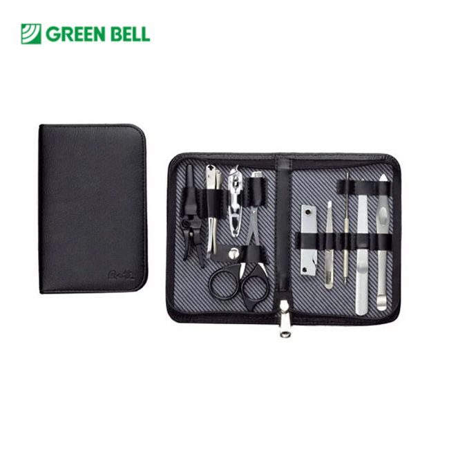 GREEN BELL Grooming Kit LA 9-piece set G-3108｜Nose hair cutter, catcher nail clipper, cuticle clipper, eyebrow scissors with comb, multi-knife, amazing tweezers mini (slanted tip), screw ear pick, nail file, nail cleaner Stainless steel made in Japan |