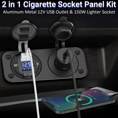 Cigarette Lighter Socket 12V Power Outlet, Qidoe Aluminum 40W Dual QC3.0 USB Charger Socket with LED Voltmeter Switch,150W DC Lighter Socket Waterproof 12V Plug Panel for Car Boat RV Marine Golf Cart