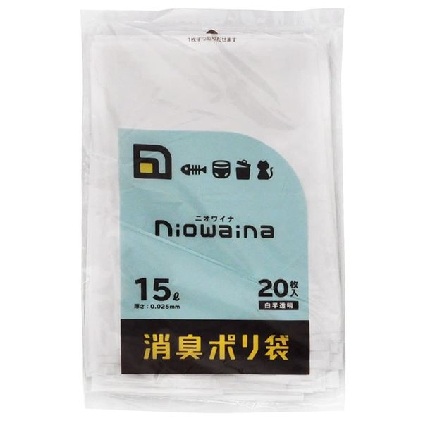 Nippon SaniPak Niowaina SS15 Deodorizing Plastic Garbage Bags, Trash Bags, 4 gal (15 L), Translucent, White, Pack of 20